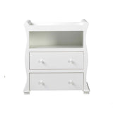 The chest of drawers with changing unit and open shelf has a beautiful sleigh shape with gentle curves and finished in white
