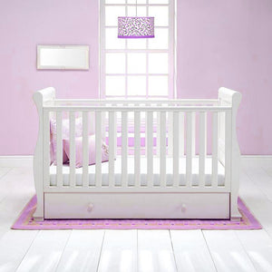 दराज के साथ यह 4-इन-1 गर्म सफेद स्लेज खाट बिस्तर एक सुंदर लकड़ी का खाट, बच्चों का बिस्तर और दिन का बिस्तर है