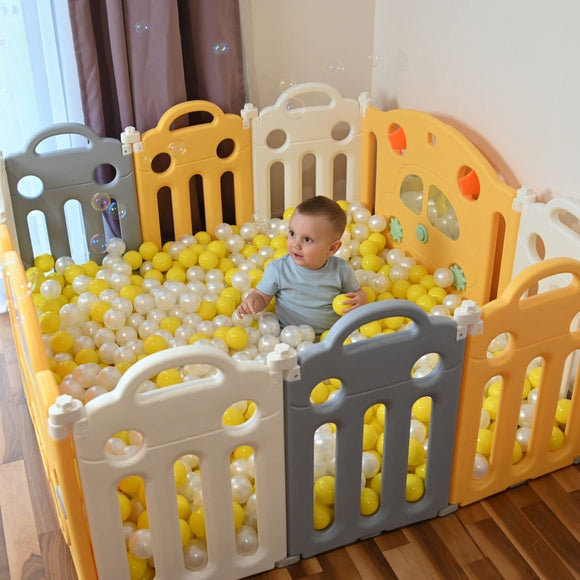 10 Panel Folding Modular Baby Playpen and Ball Pool | Car Themed | Sunshine Yellow