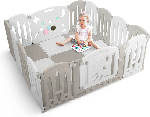Large 14 Panel Non-Toxic | Recyclable Foldable Baby Playpen and Ball Pool | Modular | Grey & White