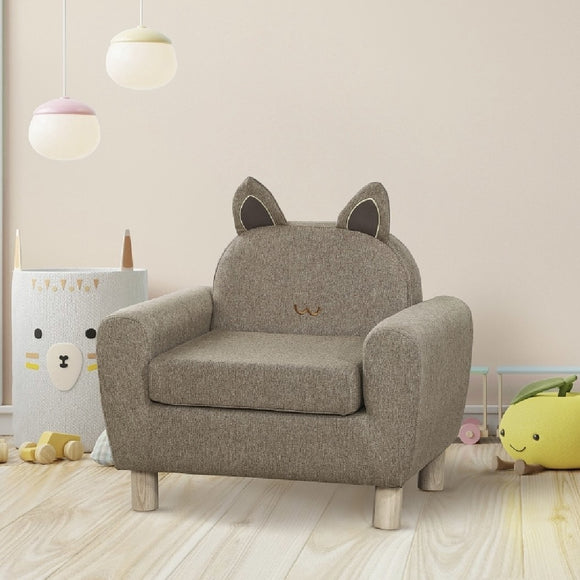 Children’s Cat Design Deluxe Single Armchair | Linen-Look | Biscuit Beige | 3-8 Years