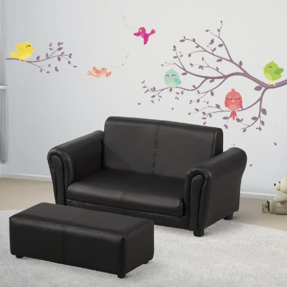 Childrens 2-Seater Mini Sofa Set with Large Footstool | Black | 3-6 Years.