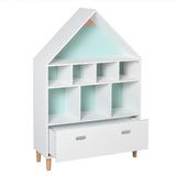 It features 8 open shelves in different sizes and 1 large drawer.