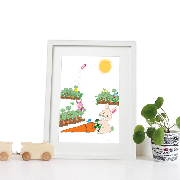 40 x 30cm white wooden frame with strut with a white mount featuring a colourful bunny rabbit print for bedrooms or playrooms
