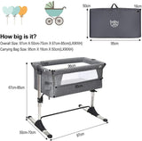 This modern bedside baby crib olds flat to fit in the travel bag provided