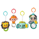 Four hanging toys and a large mirrored mobile engage newborns and infants with overhead discovery and lay n' play fun