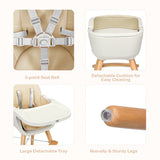 Detachable cushion for easy cleaning, a 5 point harness for additional safety and non-slip pads on the feet