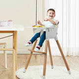 drewniane krzesełko do karmienia i taca 3 w 1 z regulacją wysokości | Niskie krzesło | Poduszka w kolorze beżowym