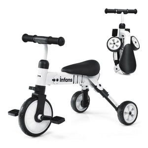 2-i-1 barn hopfällbar trehjuling balanscykel | 3 Wheel Bike Trike | Avtagbara pedaler | Vit | 1-4 år