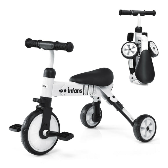2-in-1 Kids Folding Tricycle Balance Bike | 3 Wheel Bike Trike | Removable Pedals | White | 1-4 Years