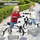 2-i-1 hopfällbar trehjuling balanscykel | 3 Wheel Bike Trike | Avtagbara pedaler | Vit | 1-4 år