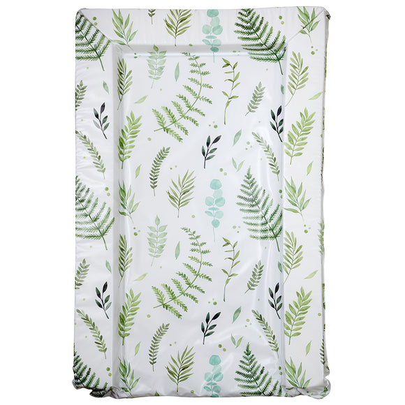 This botanical print baby changing mat features a green watercolour style print of leaves and ferns to compliment any nursery decor