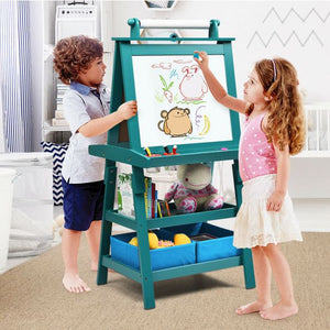 This deluxe kids wooden easel in teal has a paper roll, shelves and storage boxes