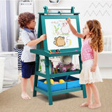 This deluxe kids wooden easel in teal has a paper roll, shelves and storage boxes