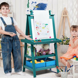 Deluxe Easel | Double Sided Whiteboard & Chalkboard Painting Easel with Paper Roll | 2 Storage Boxes | Blue Teal