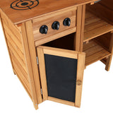 This wooden toy kitchen features working dials which mimic real ignition sounds, a hob, and plenty of storage