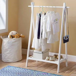 Riel de vestir de madera ecológica Montessori para niños | Barra para ropa con estante | Blanco | 1,2 m de altura
