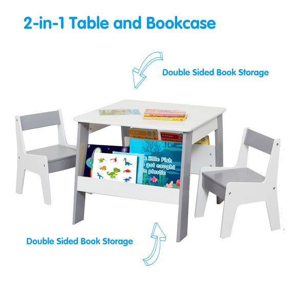 2-in-1 Childrens Table and 2 Chairs Set | Bookshelf & Storage | White and Grey