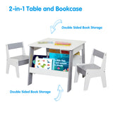 2-in-1-Set mit Tisch und 2 Stühlen für Kinder | Bücherregal & Aufbewahrung | Weiß und Grau