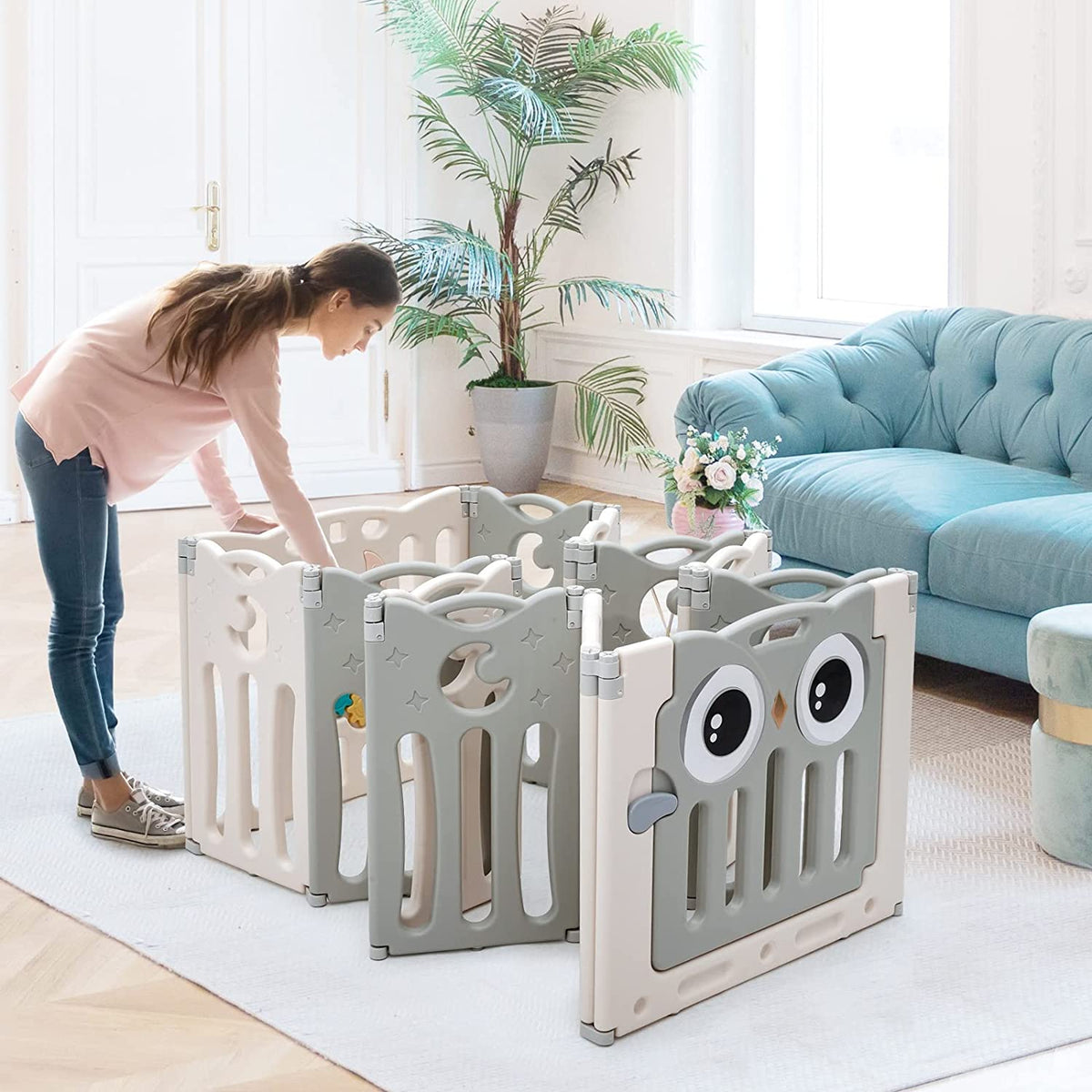 12 Panel Montessori Folding Playpen with Activity Panel | Grey & White ...