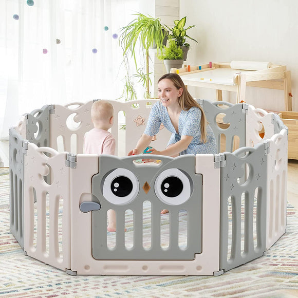 12 Panel Montessori Folding Playpen with Activity Panel | Grey & White ...