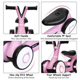 Ten różowy rowerek biegowy jest wyposażony w miękkie uchwyty, ergonomicznie zaprojektowane siedzisko i wspornik na 4 koła zapobiegający przewróceniu się