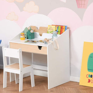 Escritorio de tareas para niños Montessori | Estantería | Almacenamiento y silla | Blanco y Natural | 3-8 años