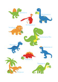 Design colorido de dinossauro com os nomes de cada dinossauro disponíveis em vários tamanhos diferentes, impressos em papel grosso fosco