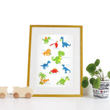 40 x 30cm natural wooden frame with strut with a white mount featuring a colourful dinosaur print for bedrooms or playrooms.