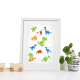40 x 30cm white wooden frame with strut with a white mount featuring a colourful dinosaur print for bedrooms or playrooms.