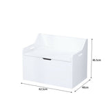 このモンテッソーリの白いおもちゃ箱とベンチは、幅62.5cm x 奥行き40cm x 高さ46.5cmです。