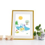 40 x 30cm natural wooden frame with strut with a white mount featuring a colourful elephant print for bedrooms or playrooms