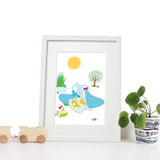 40 x 30cm white wooden frame with strut with a white mount featuring a colourful elephant print for bedrooms or playrooms