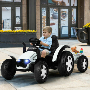 Elektrische kinderauto | Op afstand bestuurbare tractor en aanhanger | 12V loopauto | 3-8 jaar wit