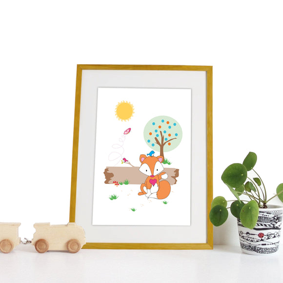 40 x 30cm natural wooden frame with strut with a white mount featuring a colourful fox print for bedrooms or playrooms