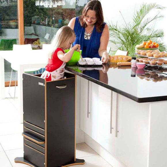 Little Helper FunPod learning tower in black. Parent and child bonding in your tot's own fun pod kitchen tower.