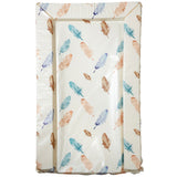 This baby changing mat features a watercolour style print of feathers in a palette of warm blue and tan tones.