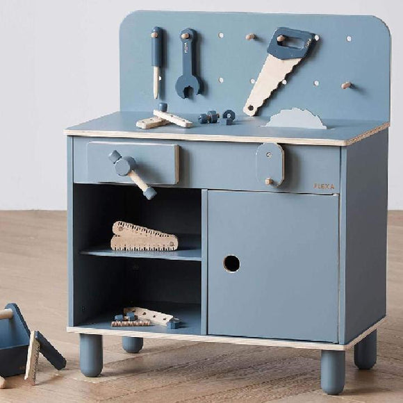 Wooden Toy Workbench complete with vice, saw, shelves and cupboards with matching wooden toy tools sold separately