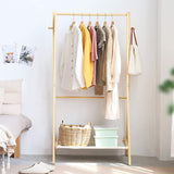 This freestanding hanging rail comes with one shelf at toddler height and one at adult height
