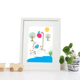 cadre en bois blanc de 40 x 30 cm avec support avec passe-partout blanc avec un imprimé girafe coloré pour les chambres ou salles de jeux.