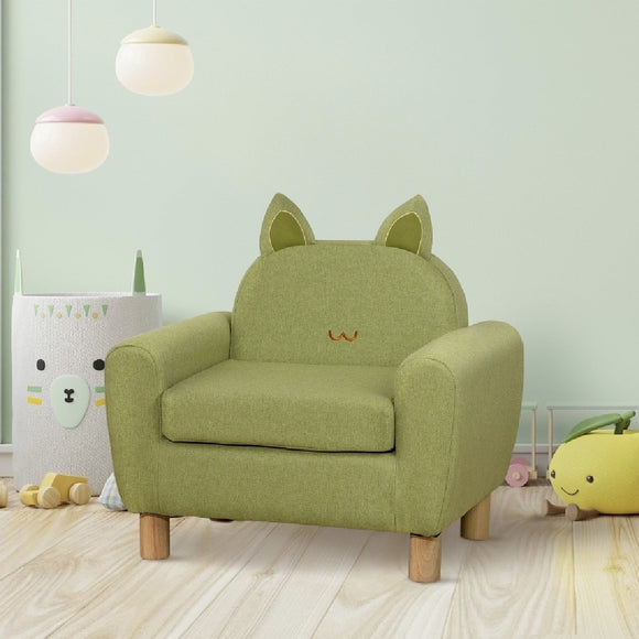 Children’s Cat Design Deluxe Single Armchair | Linen-Look | Pistachio Green | 3-8 Years.