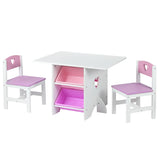 This high quality, white and pink wooden table with 4 storage bins and 2 chairs is perfect for siblings or friends.