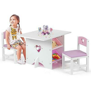 Kids Wooden Table 2 Chairs Set 4 Large Storage Bins White PInk 3 years