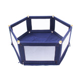 This is a versatile & portable hexagon baby playpen in blue, with mesh sides & a thick padded base at size: 160 x 140 x 61cm