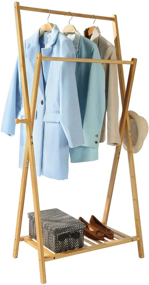 Scandinavian 100% Bamboo X-Frame Montessori Clothes Rack with with 2 Rails, Shelf & Side Hooks | 1.47m High