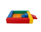 Juego suave de piscina de bolas Montessori extragrande | Piscina de bolas con tapete interior, escalones y tobogán | 185x140x25cm | Colores primarios