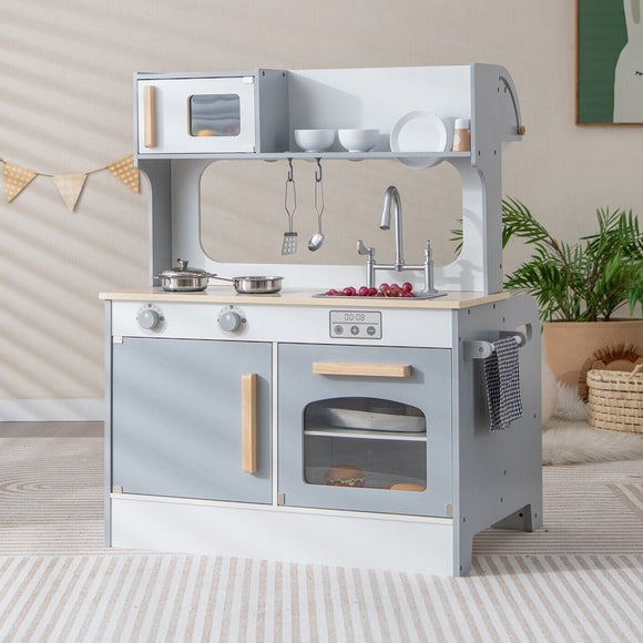 Montessori Two Sided Kids Play Kitchen & Diner | Cooking Playset | 3 years+ | Grey