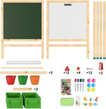 This pine wooden easel can fold away when not in use and comes with paper, magnetic letters and numbers, markers, eraser and stickers