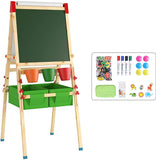 Caballete de madera de pino para niños con pizarra magnética y pizarrón con almacenamiento y kit de accesorios de 30 piezas