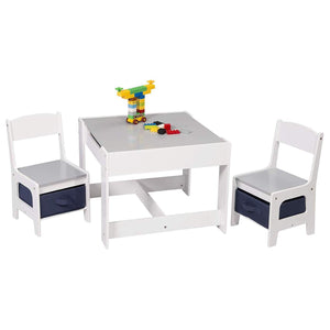 Precioso juego de mesa y sillas para niños con tablero de pizarra reversible con almacenamiento debajo y cajones debajo de las sillas.